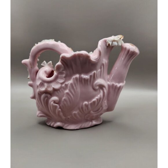 RARE - Pink China Water Pitcher - 3D Design - Floral, Leaves, Lace Stamped on Bo - Picture 3 of 7